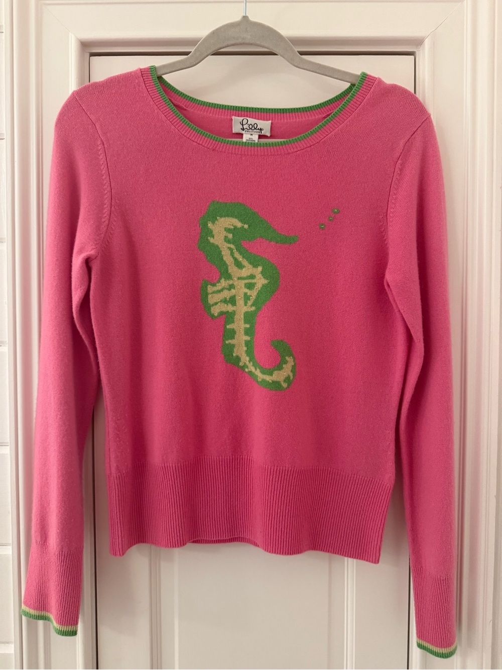 Lilly Pulitzer Hot Pink Sweater with Green Seahorse Motif